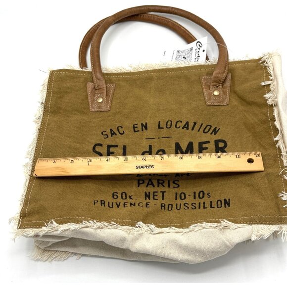 Creative Leather Art Canvas Tote Bag “Sel de Mer” Paris - Fringed & Striped Lini - Picture 6 of 11